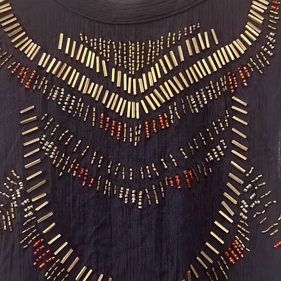 Free People navy blue beaded sleeves less & open back, snap & buckle collar top. - Picture 2 of 10